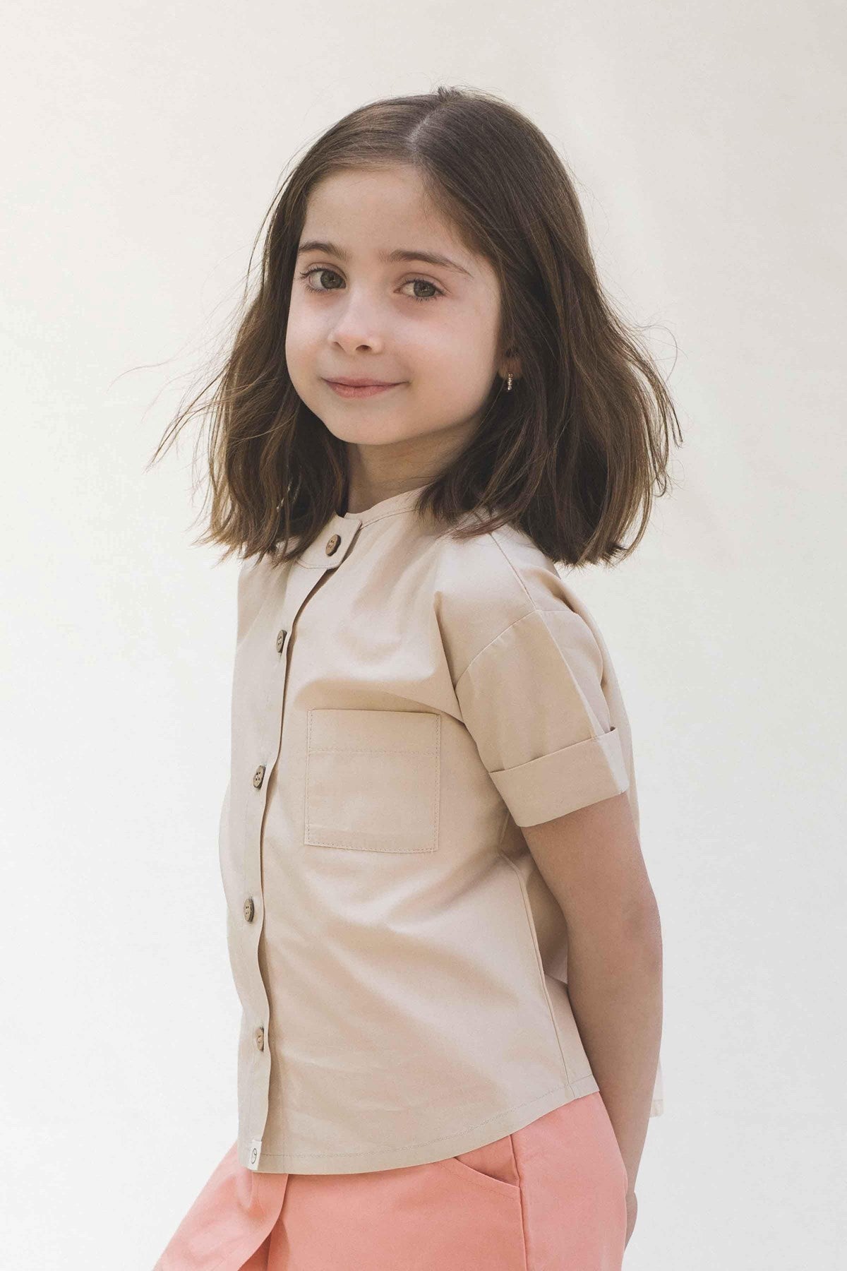 Organik Pamuk Kısa Kollu Çocuk Gömlek Bej Organik Pamuk
