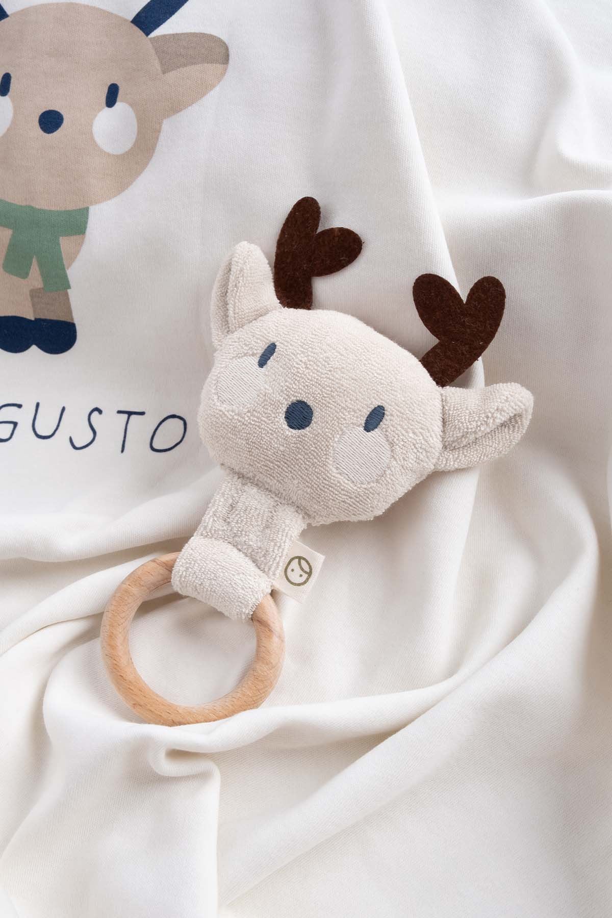 Ahşap Saplı Krem Çıngıraklı Diş Kaşıyıcı Geyik