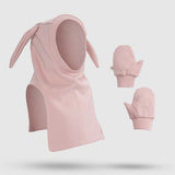 Organik Pamuklu Tavşan Kulaklı Pembe Balaklava Eldiven Seti