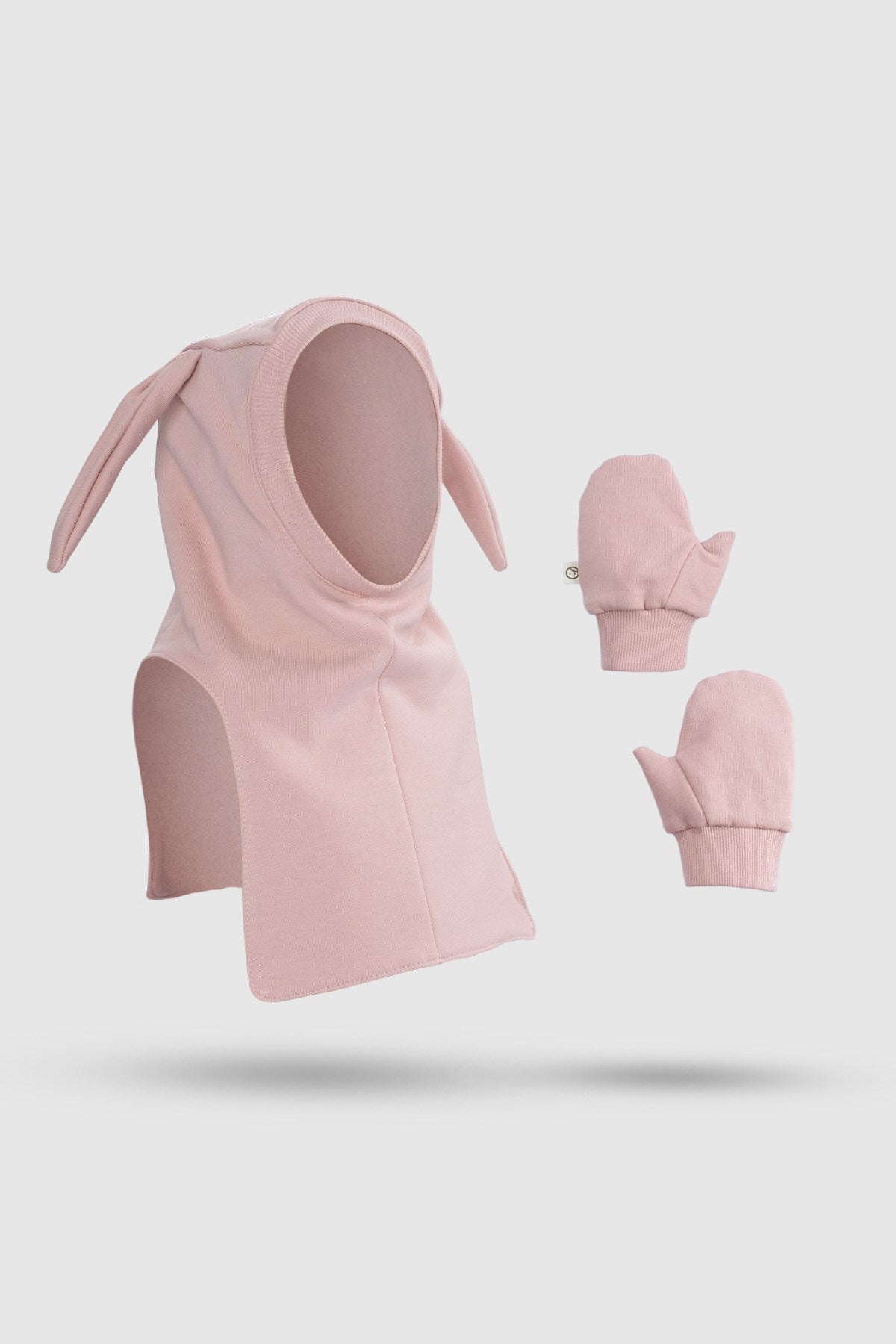 Organik Pamuklu Tavşan Kulaklı Pembe Balaklava Eldiven Seti