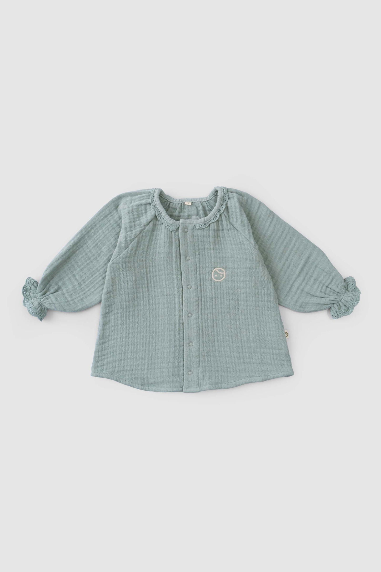 Brodeli Müslin Bebek Gömlek Organik Pamuk Yeşil - Little Gusto - Bebek Gömlek