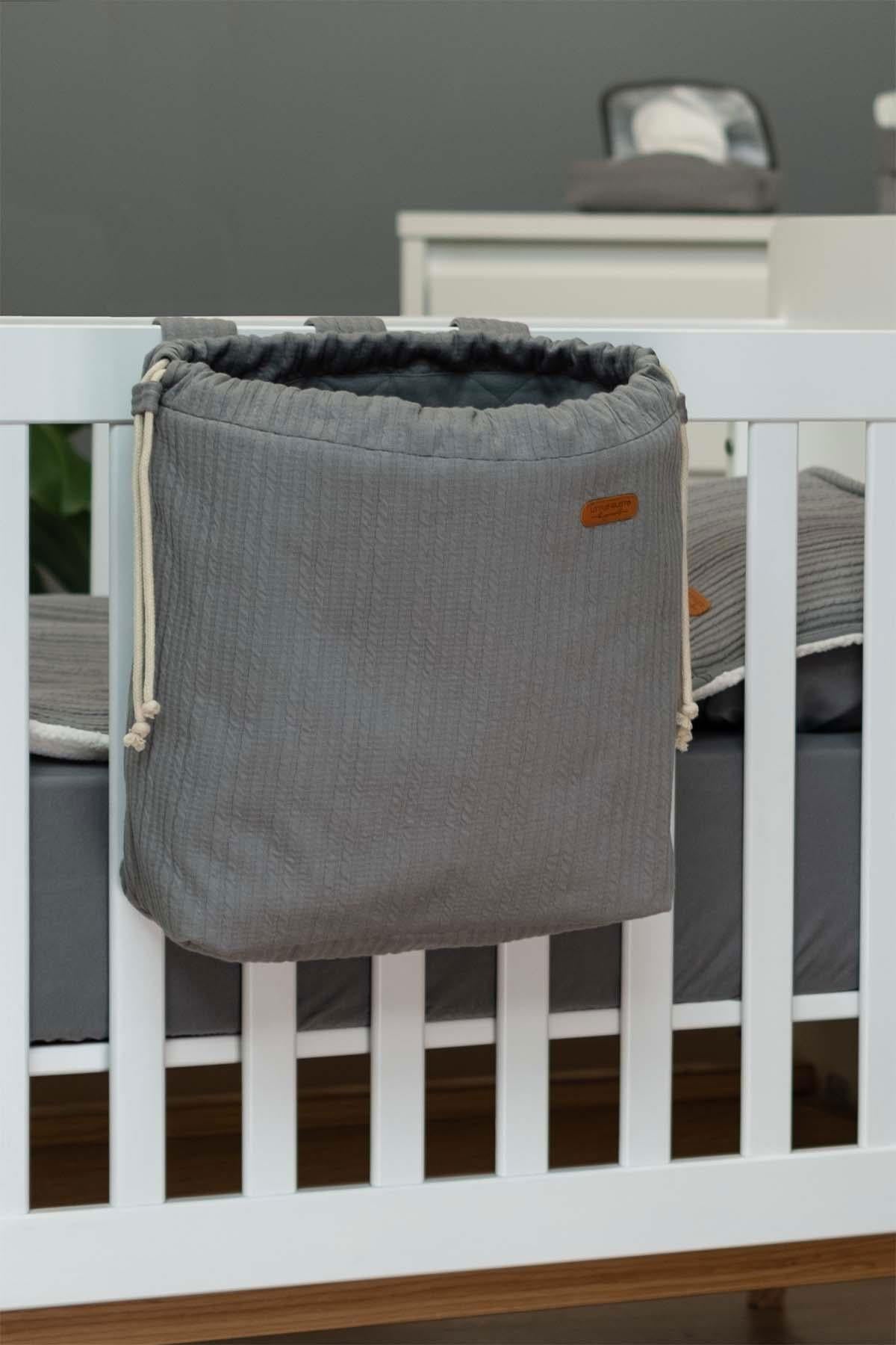 Kapitone Yatak Yanı Oyuncak Sepeti Gri - Little Gusto - Bebek Organizer Çanta