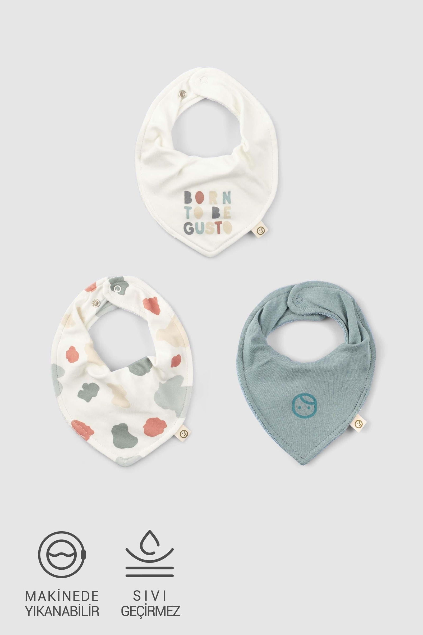 Organik Pamuk 3'lü Sıvı Geçirmez Born To Be Gusto Bandana Önlük Seti - Little Gusto - Bebek Önlük