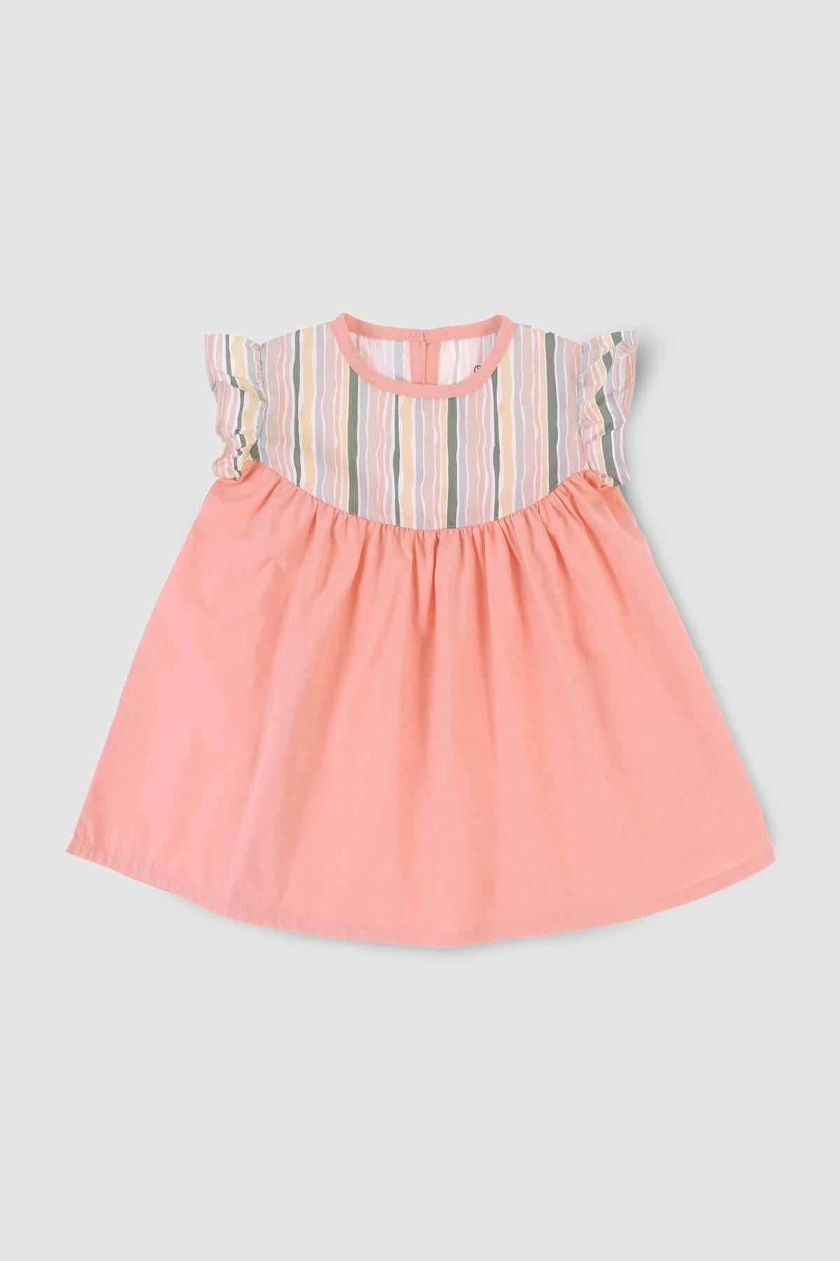 Organik Pamuk Fırfırlı Pembe Bebek Elbisesi Çizgili - Little Gusto - Bebek Elbise