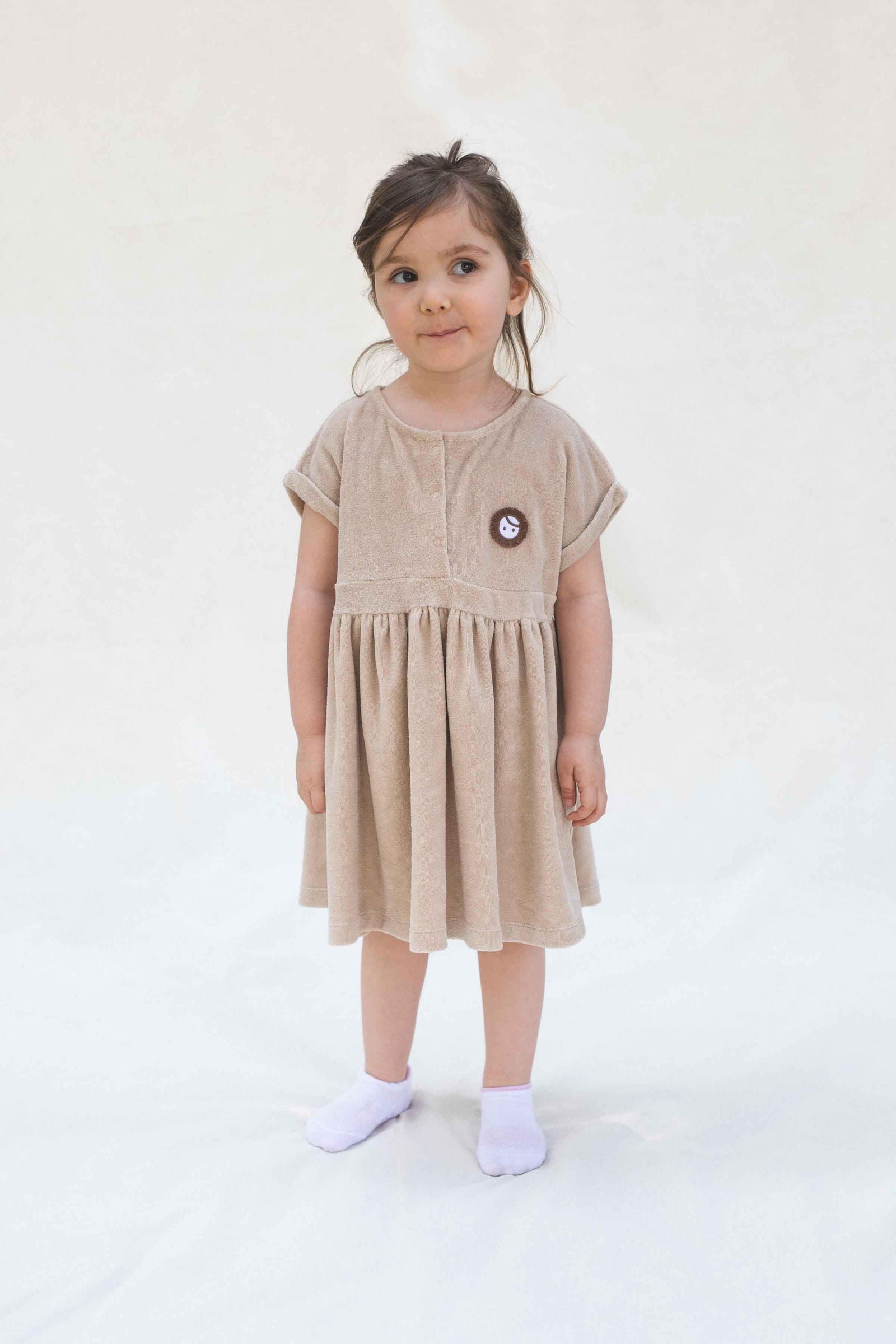 Organik Pamuk Kısa Kollu Bebek Bej Plaj Elbisesi - Little Gusto - Bebek Elbise