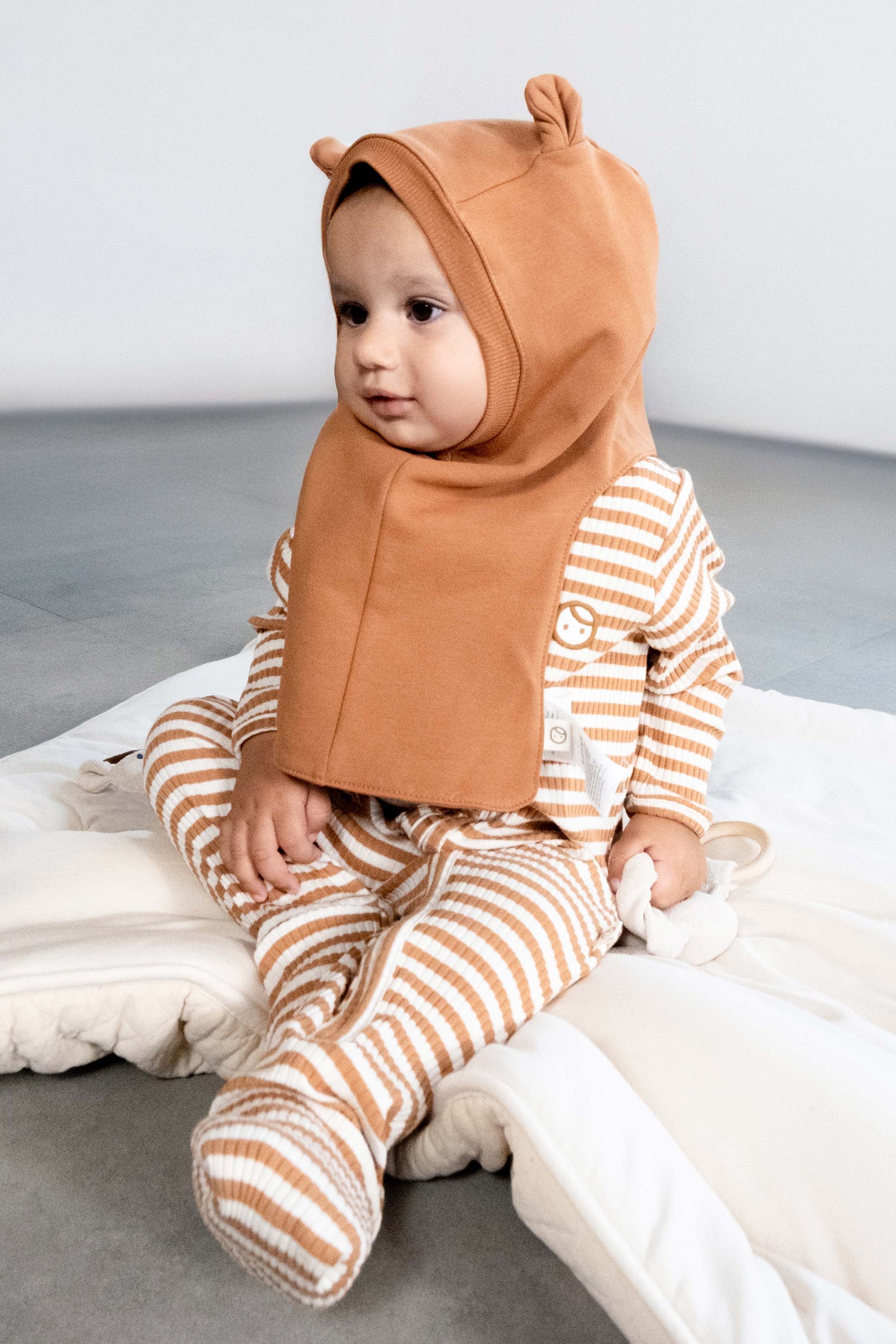 Organik Pamuklu Ayıcık Kahverengi Balaklava Eldiven Seti