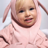 Organik Pamuklu Çift Katlı Tavşan Kulaklı Pembe Balaklava Şapka ve Eldiven Seti