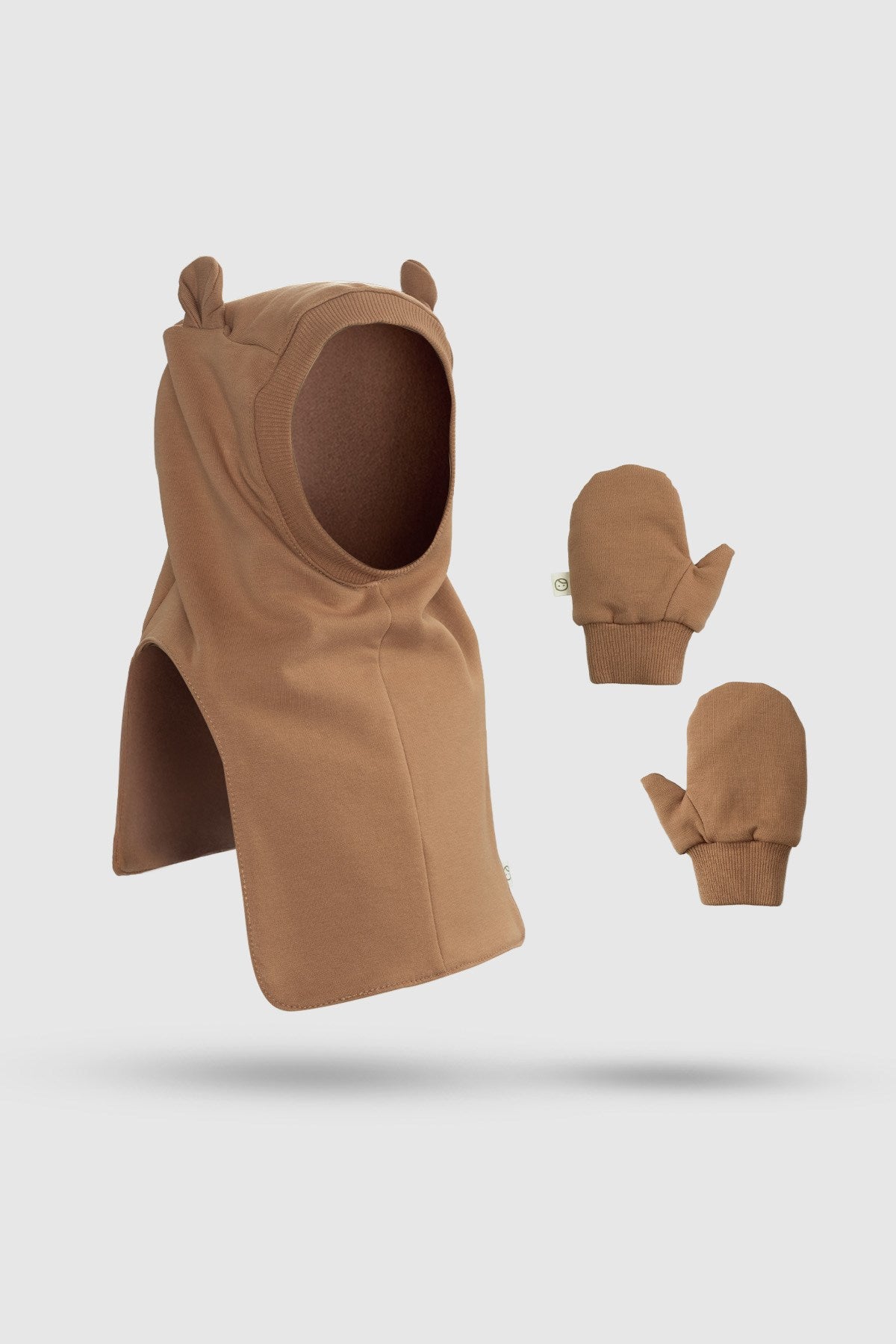 Organik Pamuklu Ayıcık Kahverengi Balaklava Eldiven Seti