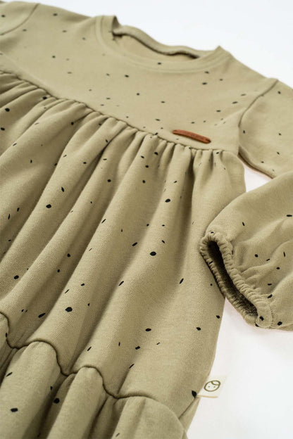 Uzun Kollu Katlı Elbise Bebek Cosmos Haki Organik Pamuk