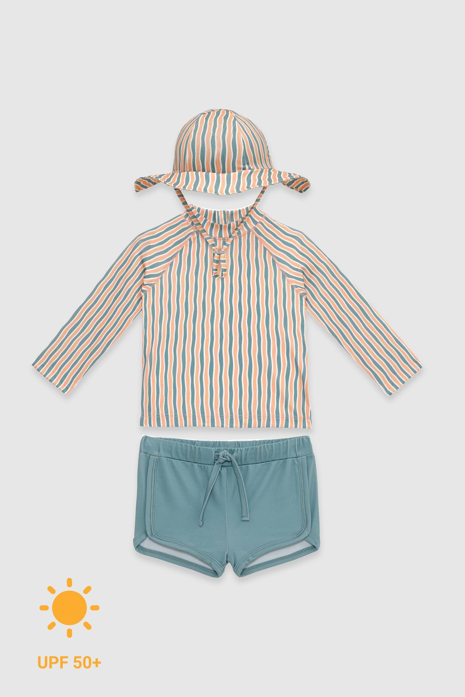 UV Korumalı Uzun Kollu Şapkalı Erkek Bebek Mayo Seti Orange Oasis Mayo Sand Mother