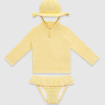 UV Korumalı Uzun Kollu Dokulu Şapkalı Kız Bebek Mayo Seti Butter Yellow Mayo Sand Mother