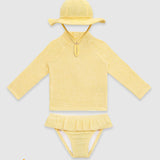 UV Korumalı Uzun Kollu Dokulu Şapkalı Kız Bebek Mayo Seti Butter Yellow Mayo Sand Mother