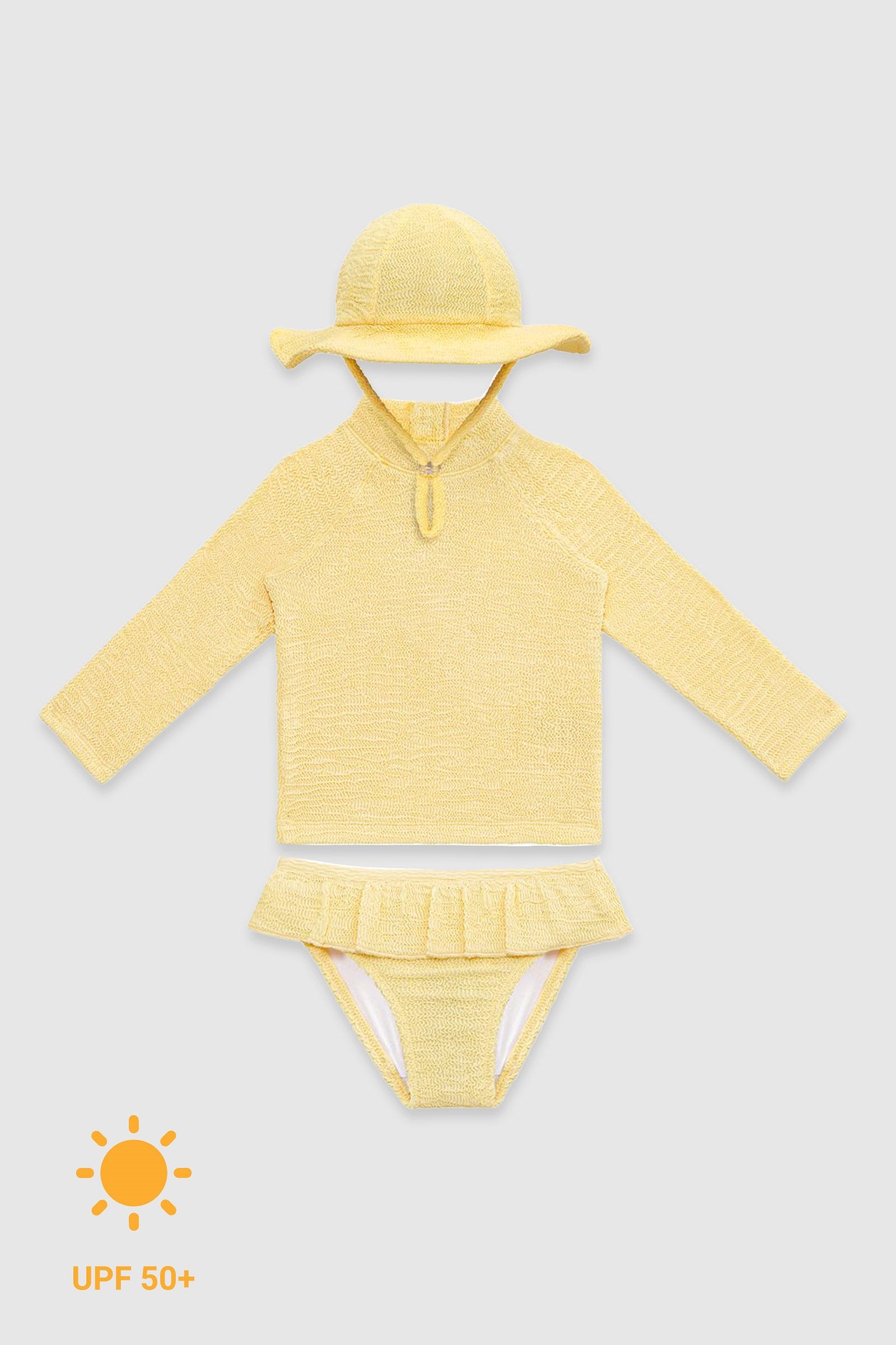 UV Korumalı Uzun Kollu Dokulu Şapkalı Kız Bebek Mayo Seti Butter Yellow Mayo Sand Mother