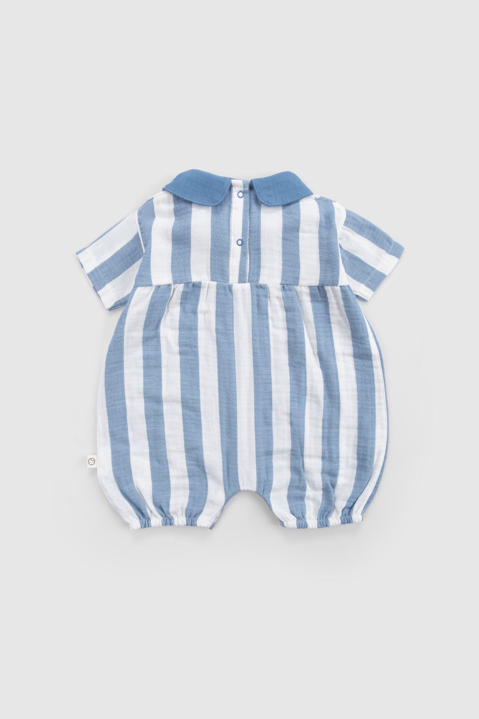 Organik Pamuk Müslin Bebe Yakalı Tulum Mavi Çizgili Tulum Little Gusto