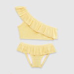 UV Korumalı Fırfırlı Dokulu Tek Omuz Kız Çocuk Bikini Takımı Butter Yellow Sand Mother