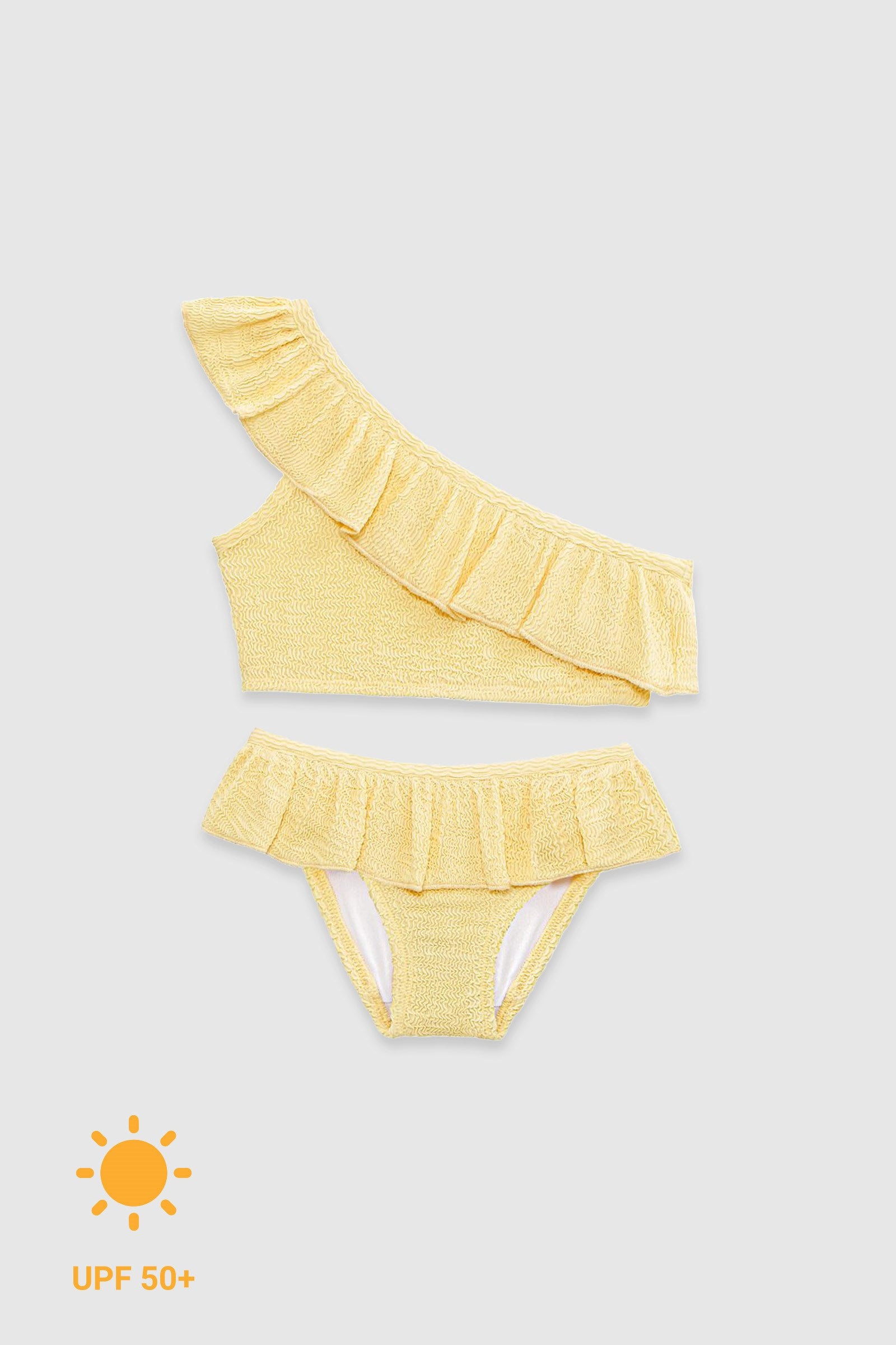 UV Korumalı Fırfırlı Dokulu Tek Omuz Kız Çocuk Bikini Takımı Butter Yellow Sand Mother