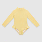 UV Korumalı Uzun Kollu Dokulu Tek Parça Kız Çocuk Mayo Butter Yellow Sand Mother