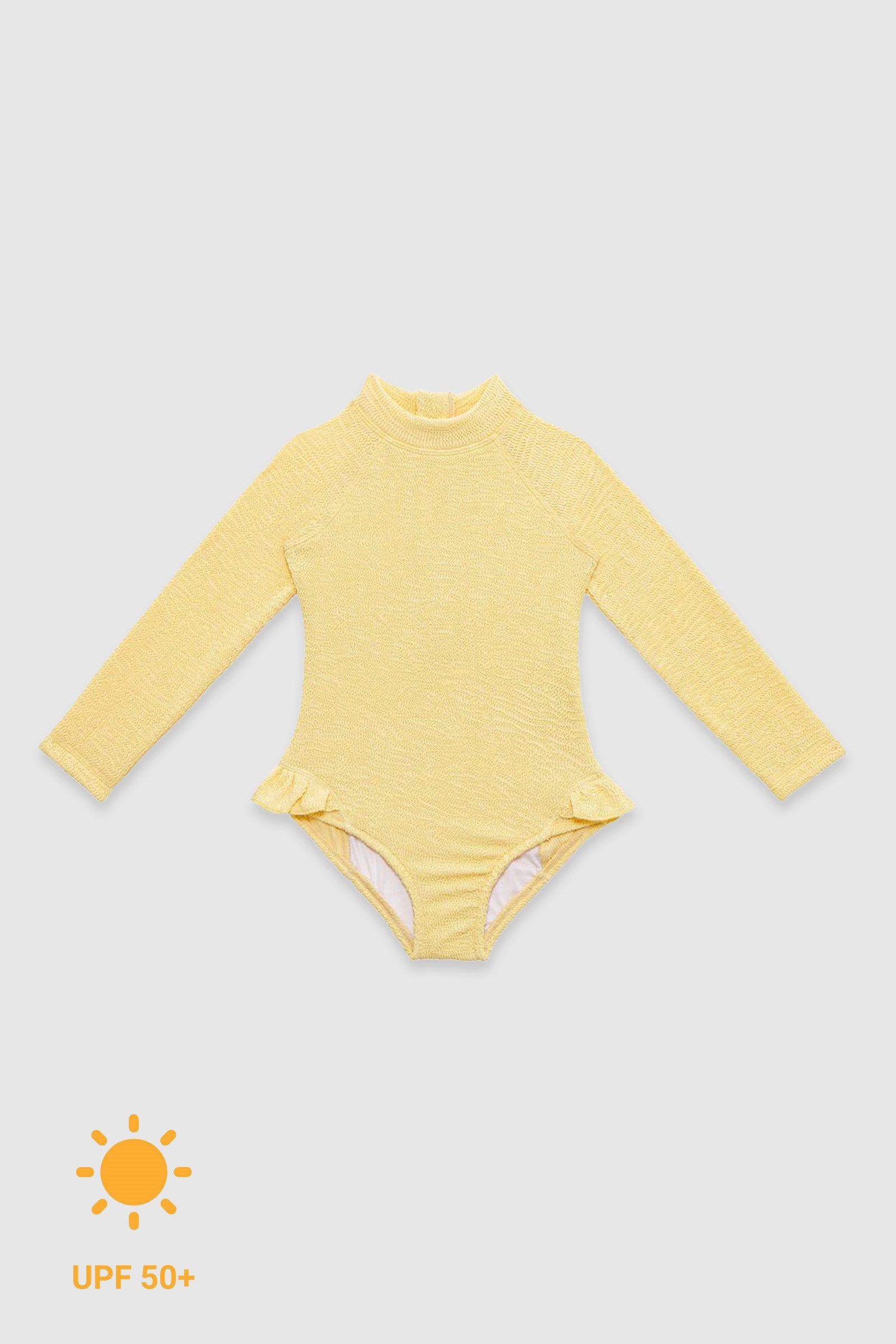 UV Korumalı Uzun Kollu Dokulu Tek Parça Kız Çocuk Mayo Butter Yellow Sand Mother