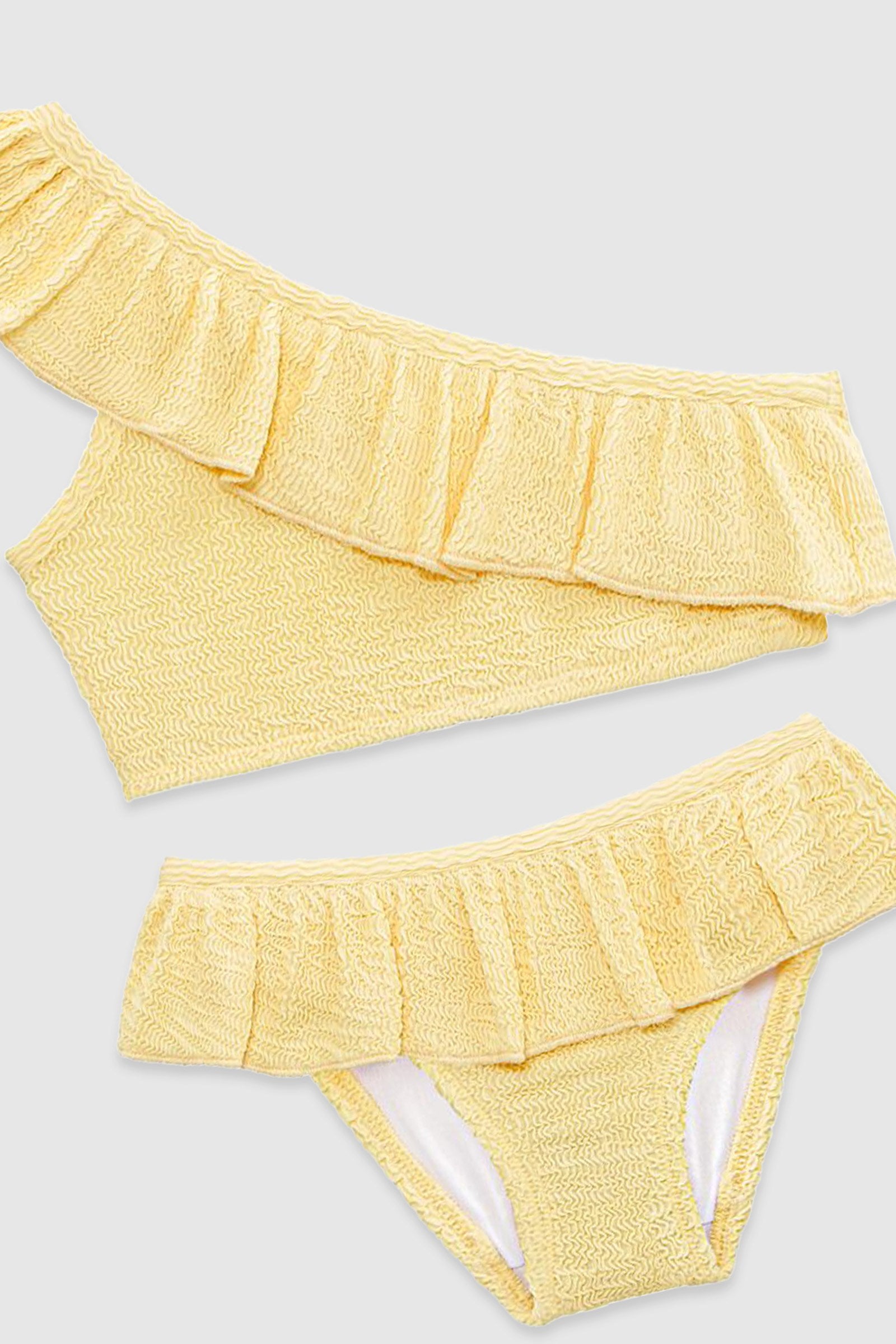 UV Korumalı Fırfırlı Dokulu Tek Omuz Kız Çocuk Bikini Takımı Butter Yellow Sand Mother