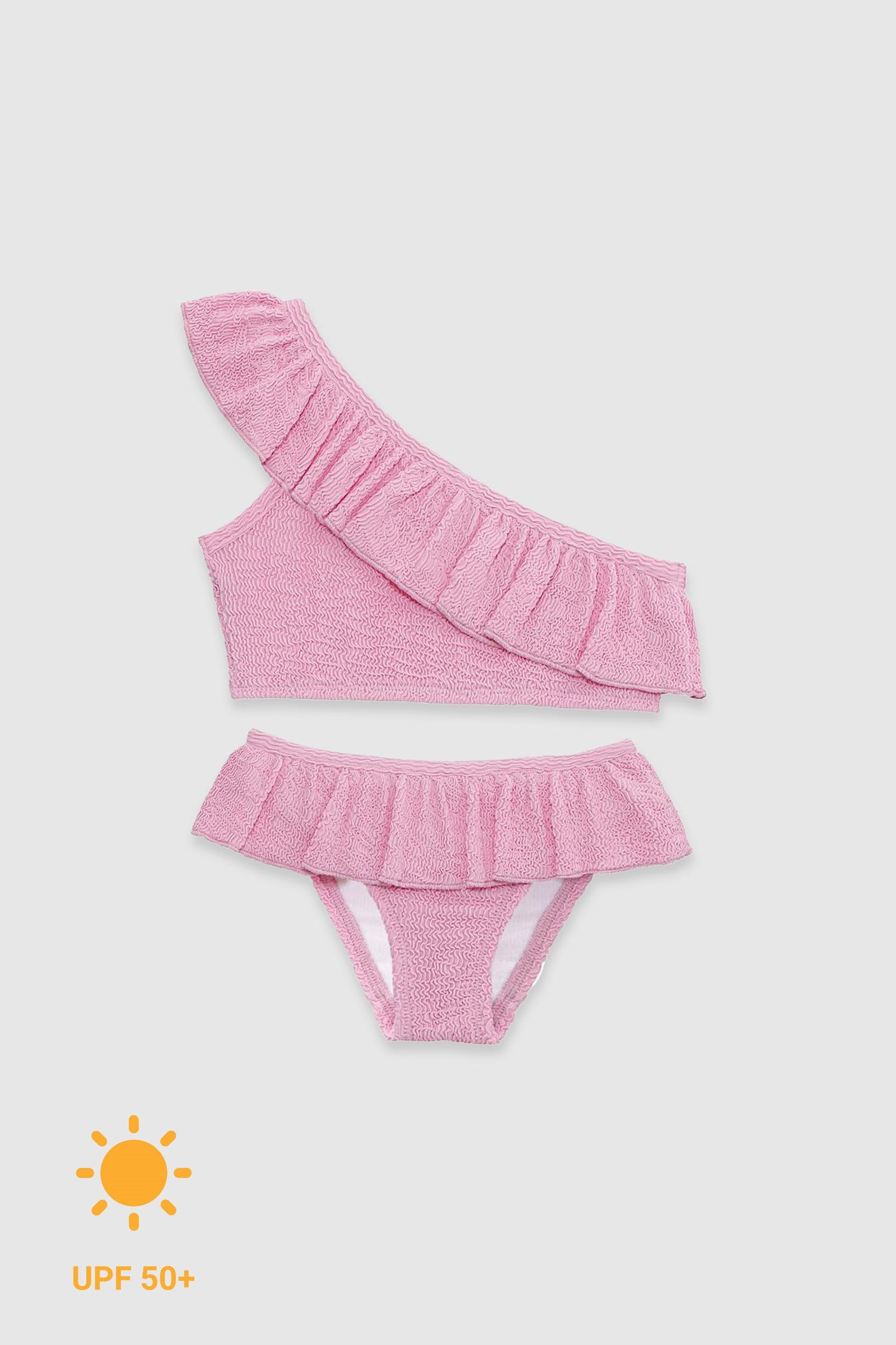 UV Korumalı Fırfırlı Dokulu Tek Omuz Kız Çocuk Bikini Takımı Pink Frosting Sand Mother