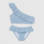 UV Korumalı Fırfırlı Dokulu Tek Omuz Kız Çocuk Bikini Takımı Pure Blue Sand Mother