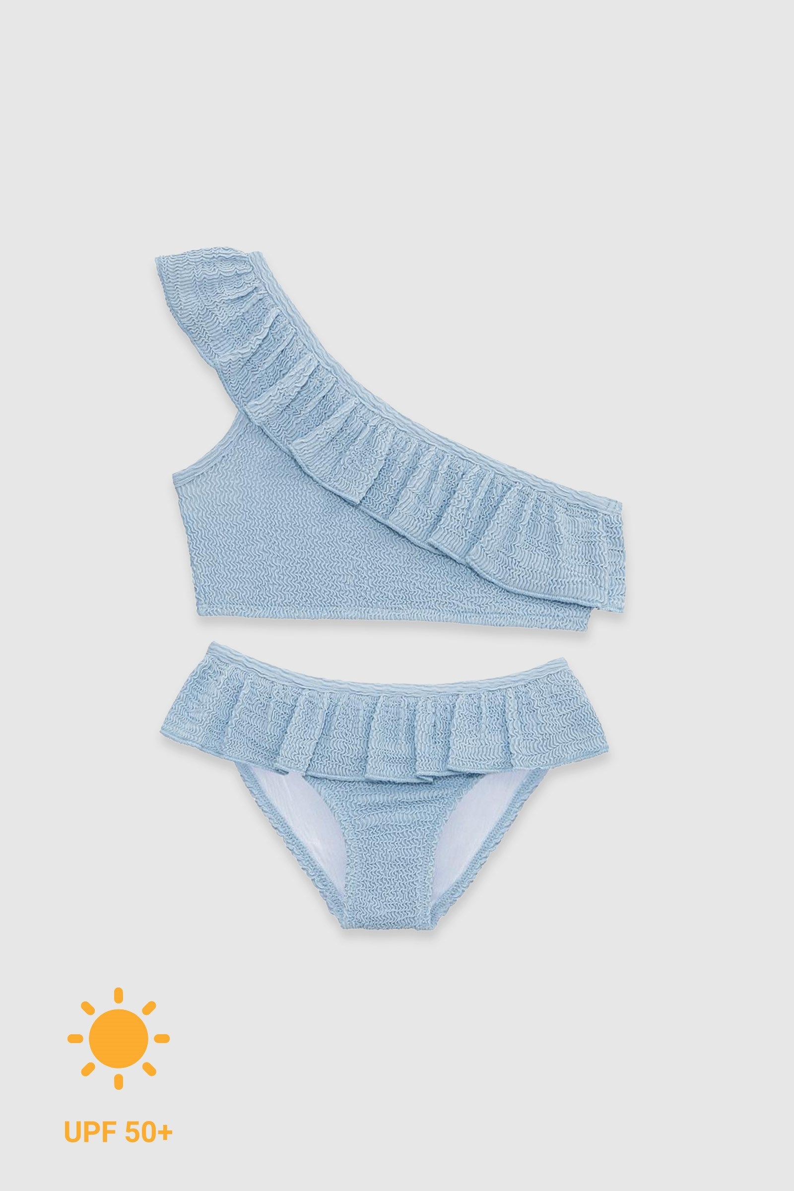 UV Korumalı Fırfırlı Dokulu Tek Omuz Kız Çocuk Bikini Takımı Pure Blue Sand Mother