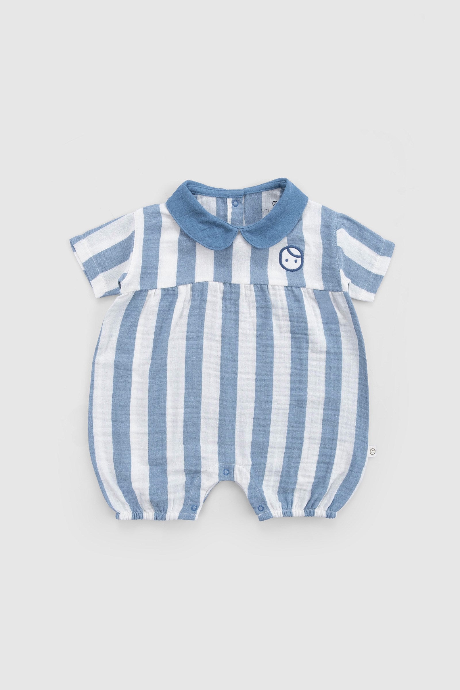 Organik Pamuk Müslin Bebe Yakalı Tulum Mavi Çizgili Tulum Little Gusto