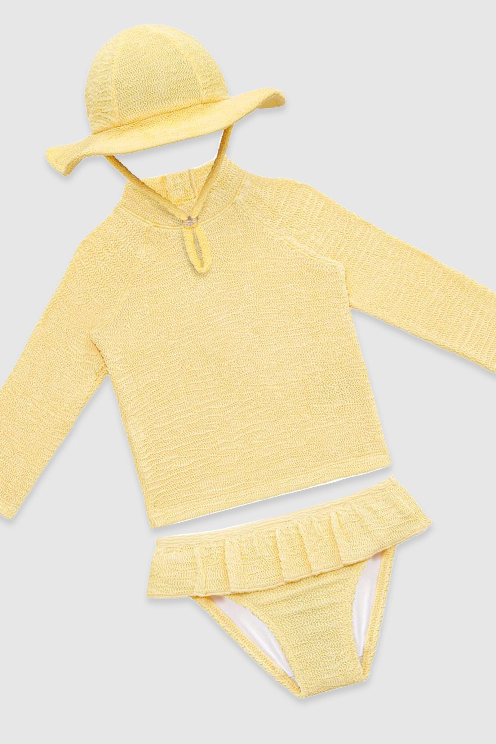 UV Korumalı Uzun Kollu Dokulu Şapkalı Kız Bebek Mayo Seti Butter Yellow Mayo Sand Mother