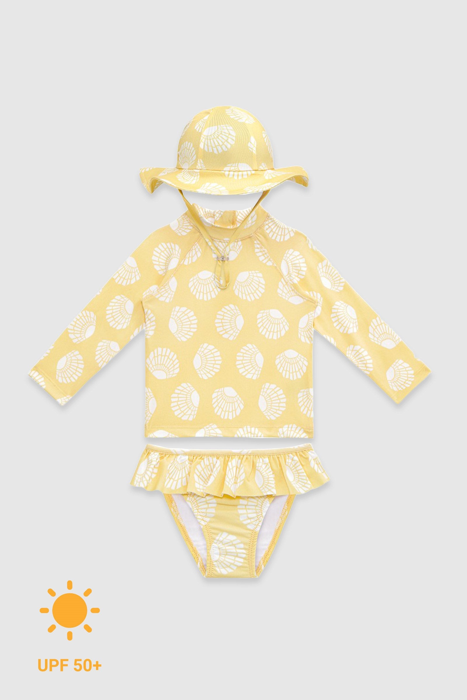 UV Korumalı Uzun Kollu Şapkalı Kız Bebek Mayo Seti Sunny Shells Mayo Sand Mother