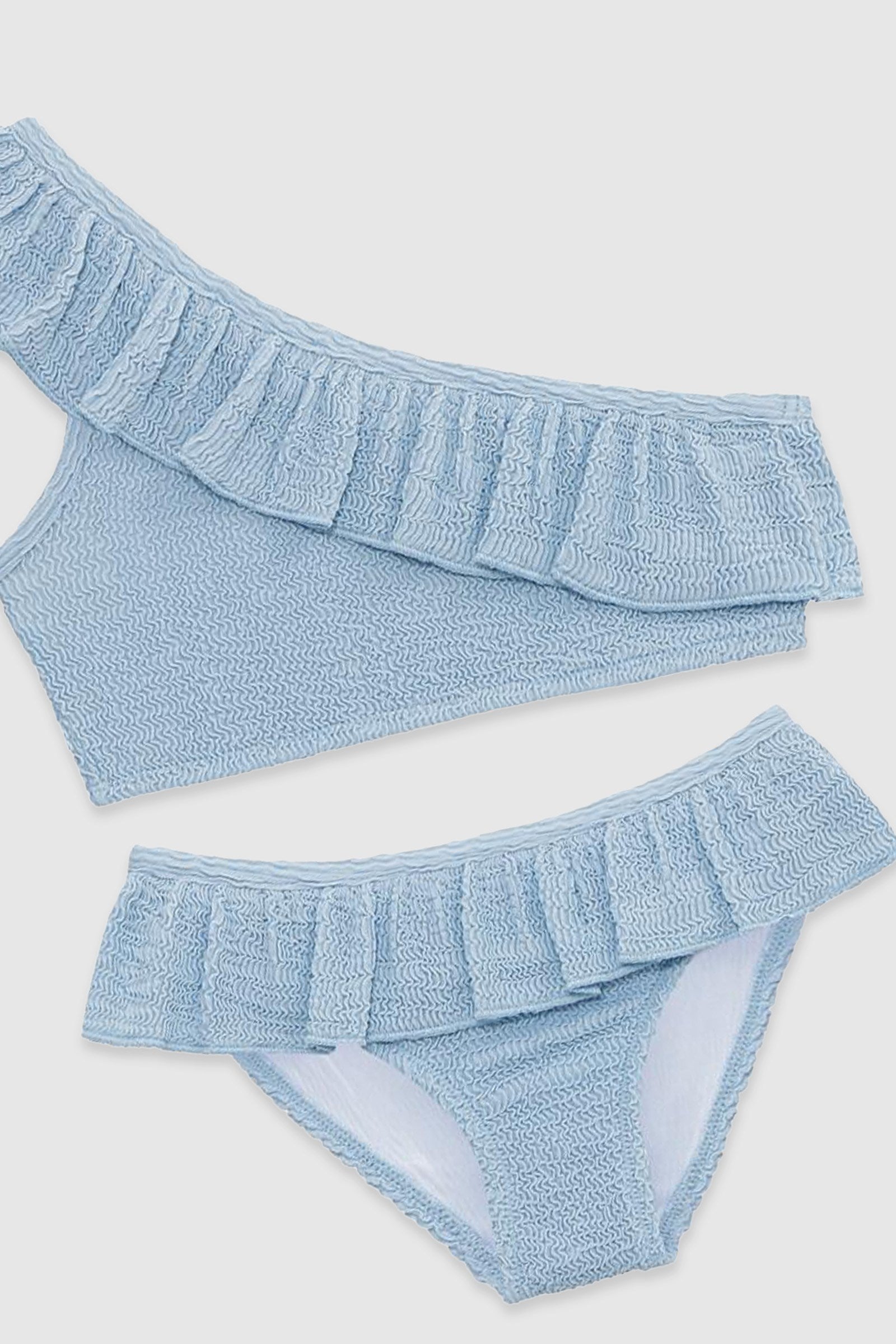 UV Korumalı Fırfırlı Dokulu Tek Omuz Kız Çocuk Bikini Takımı Pure Blue Sand Mother
