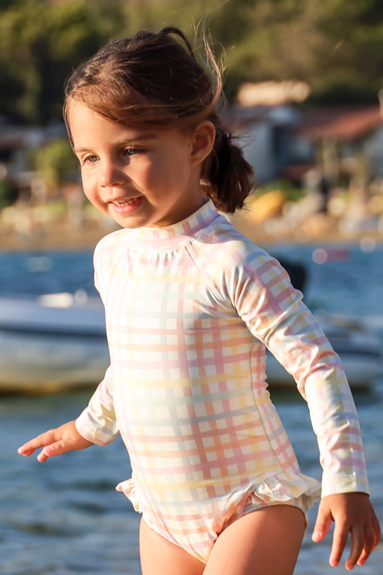 UV Korumalı Uzun Kollu Tek Parça Kız Çocuk Mayo Rainbow Gingham Mayo Sand Mother