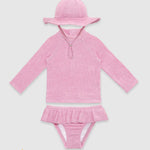UV Korumalı Uzun Kollu Dokulu Şapkalı Kız Bebek Mayo Seti Pink Frosting Mayo Sand Mother