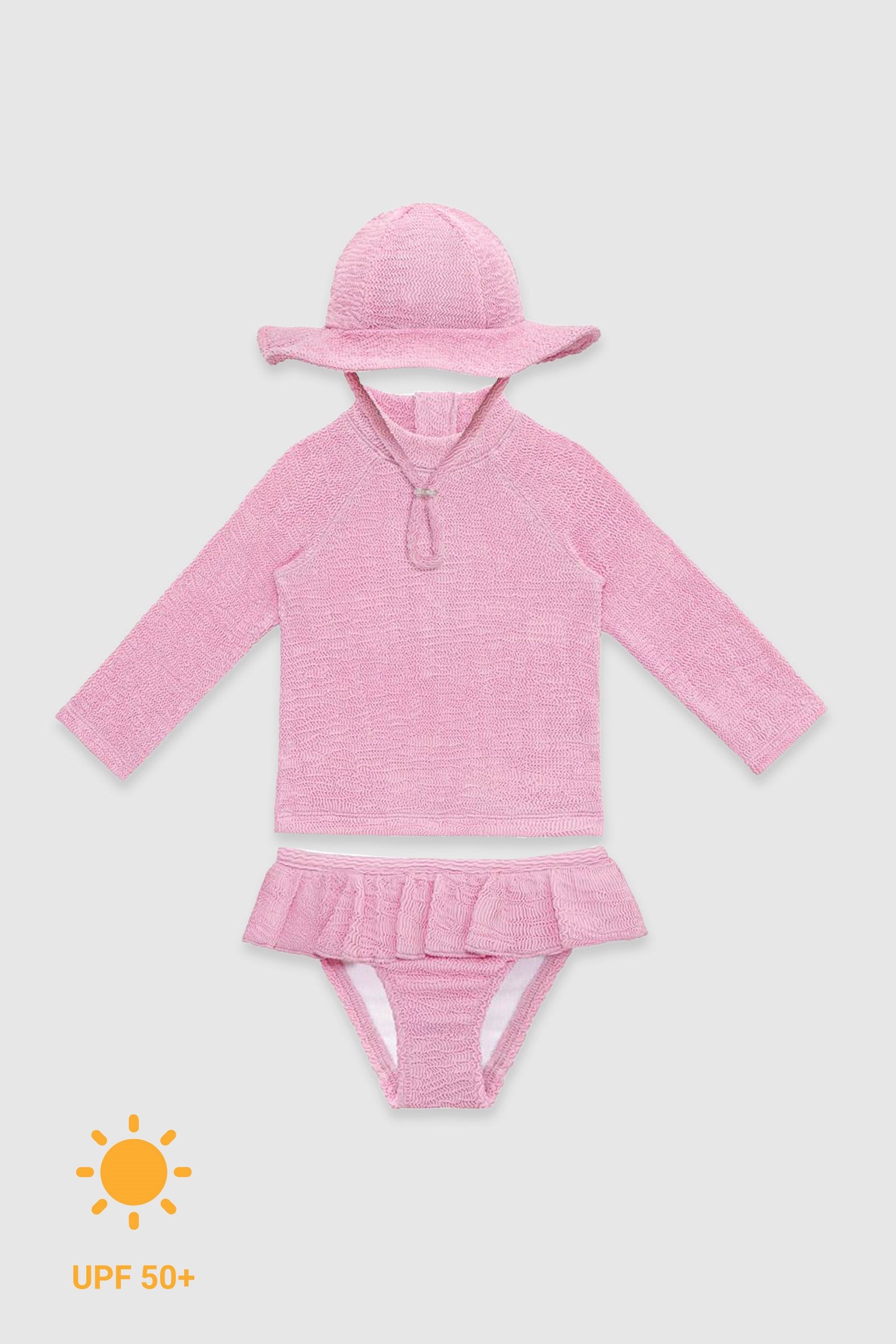UV Korumalı Uzun Kollu Dokulu Şapkalı Kız Bebek Mayo Seti Pink Frosting Mayo Sand Mother