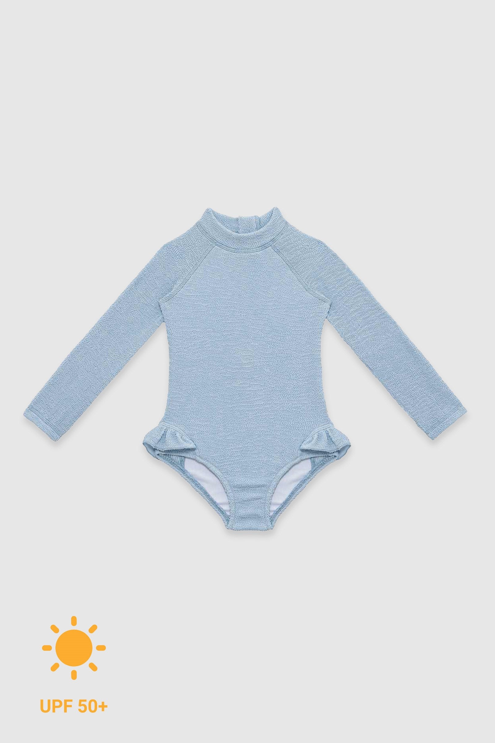 UV Korumalı Uzun Kollu Dokulu Tek Parça Kız Çocuk Mayo Pure Blue Sand Mother