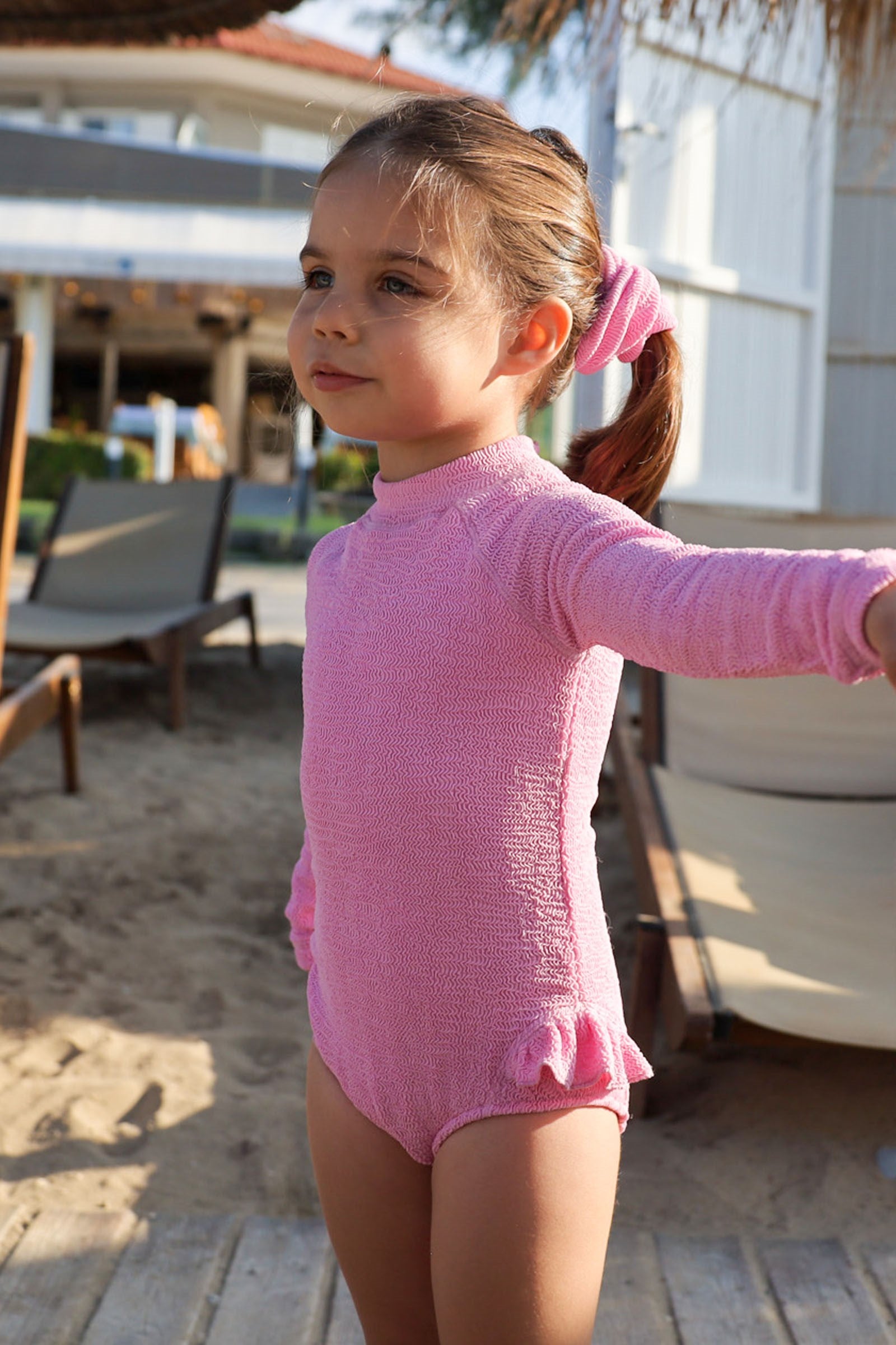 UV Korumalı Uzun Kollu Dokulu Tek Parça Kız Çocuk Mayo Pink Frosting Sand Mother
