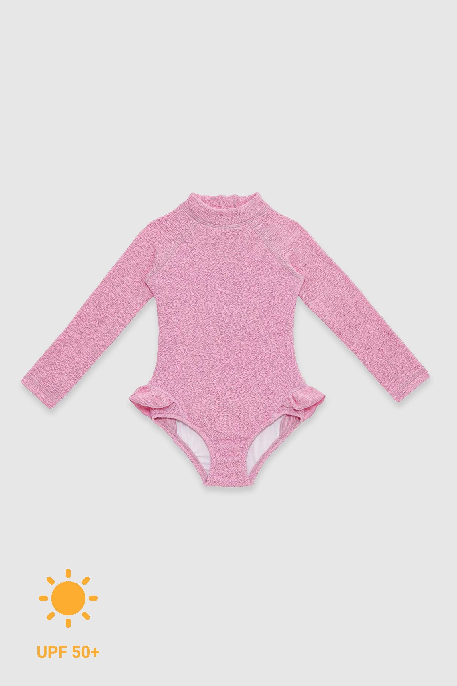 UV Korumalı Uzun Kollu Dokulu Tek Parça Kız Çocuk Mayo Pink Frosting Sand Mother