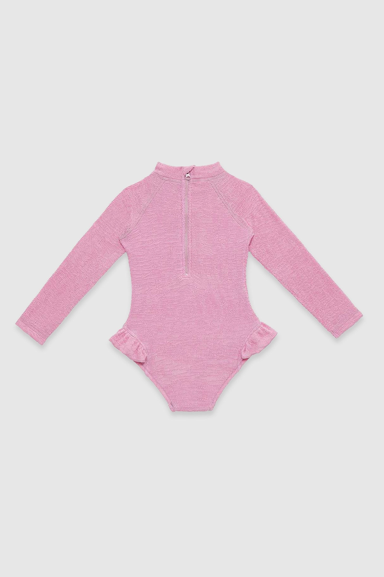 UV Korumalı Uzun Kollu Dokulu Tek Parça Kız Çocuk Mayo Pink Frosting Sand Mother