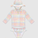 UV Korumalı Uzun Kollu Şapkalı Kız Bebek Mayo Seti Rainbow Gingham Mayo Sand Mother