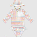 UV Korumalı Uzun Kollu Şapkalı Kız Bebek Mayo Seti Rainbow Gingham Mayo Sand Mother