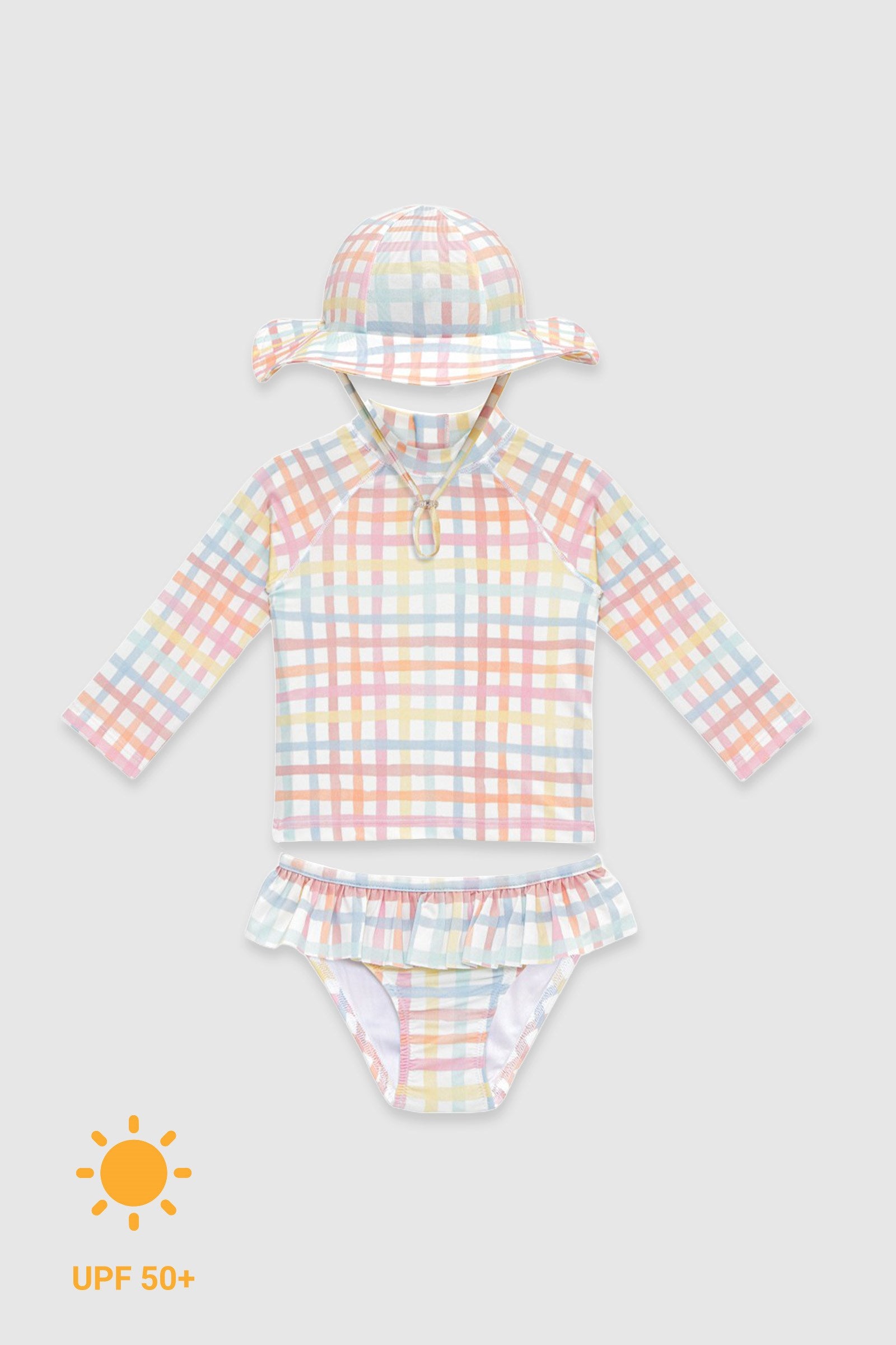 UV Korumalı Uzun Kollu Şapkalı Kız Bebek Mayo Seti Rainbow Gingham Mayo Sand Mother