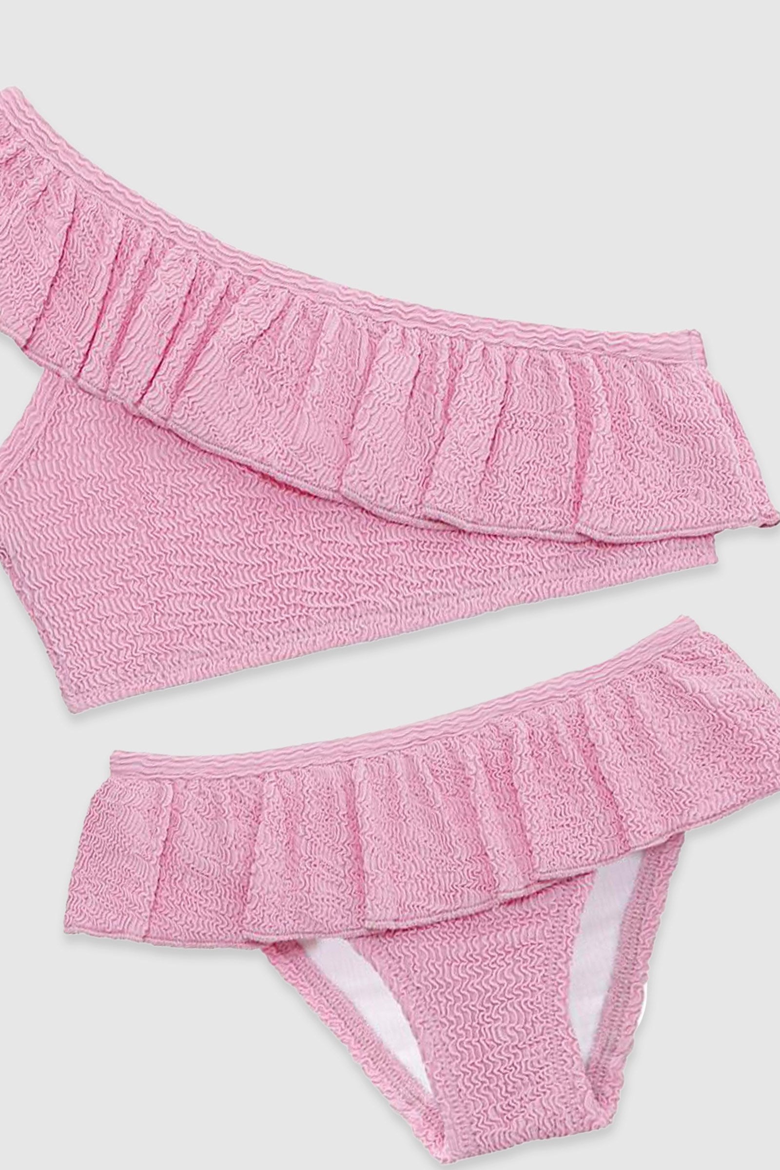 UV Korumalı Fırfırlı Dokulu Tek Omuz Kız Çocuk Bikini Takımı Pink Frosting Sand Mother