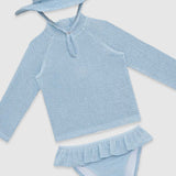 UV Korumalı Uzun Kollu Dokulu Şapkalı Kız Bebek Mayo Seti Pure Blue Mayo Sand Mother