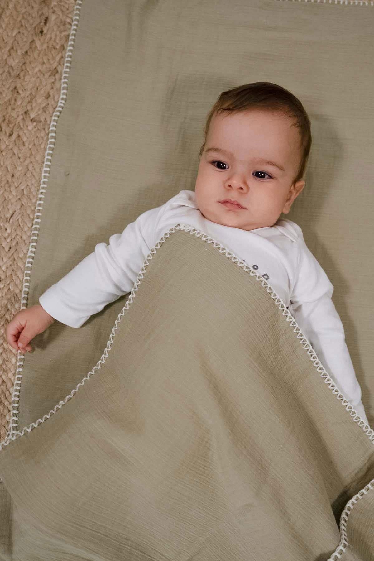Bebek Müslin Bezi Örtü ve Kese Set Organik Pamuk 120 cm Haki - Little Gusto - Müslin Örtü