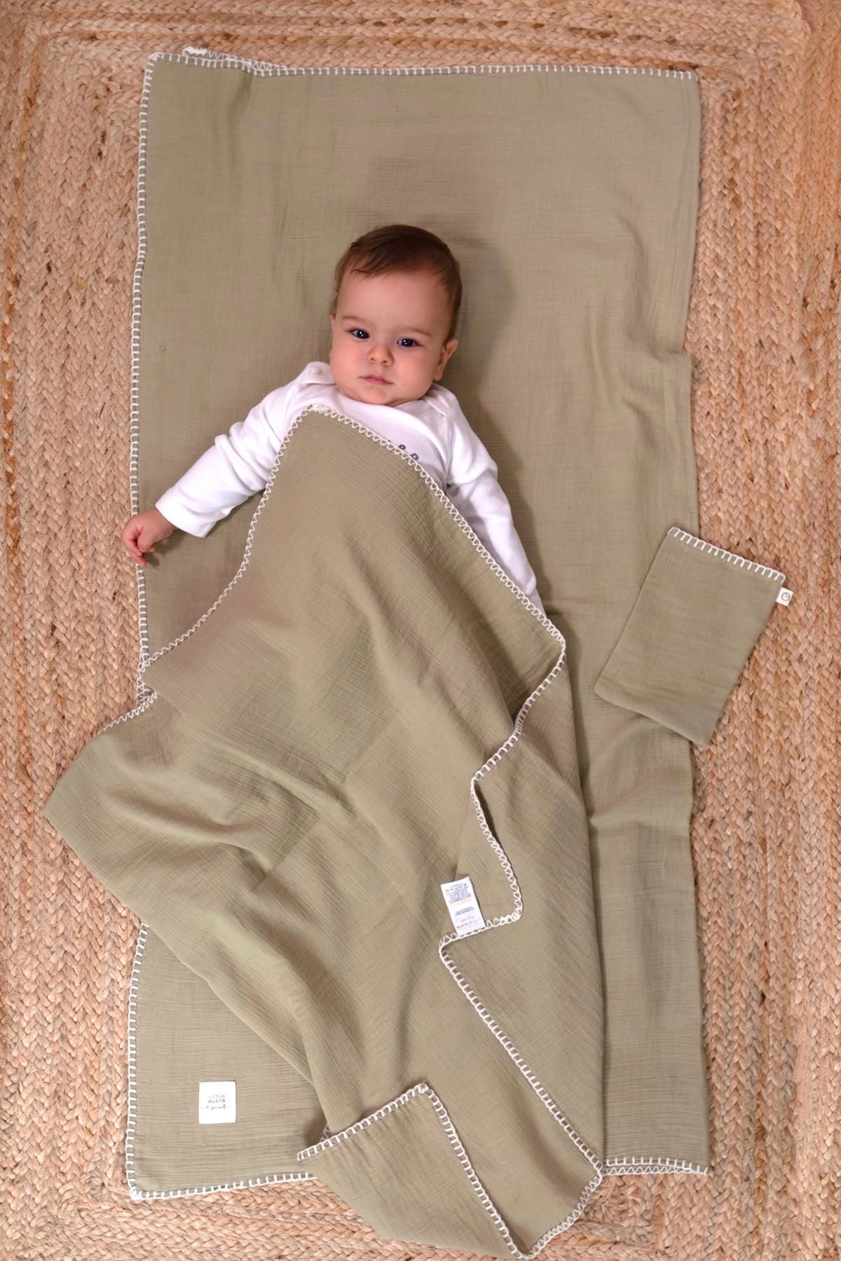 Bebek Müslin Bezi Örtü ve Kese Set Organik Pamuk 120 cm Haki - Little Gusto - 