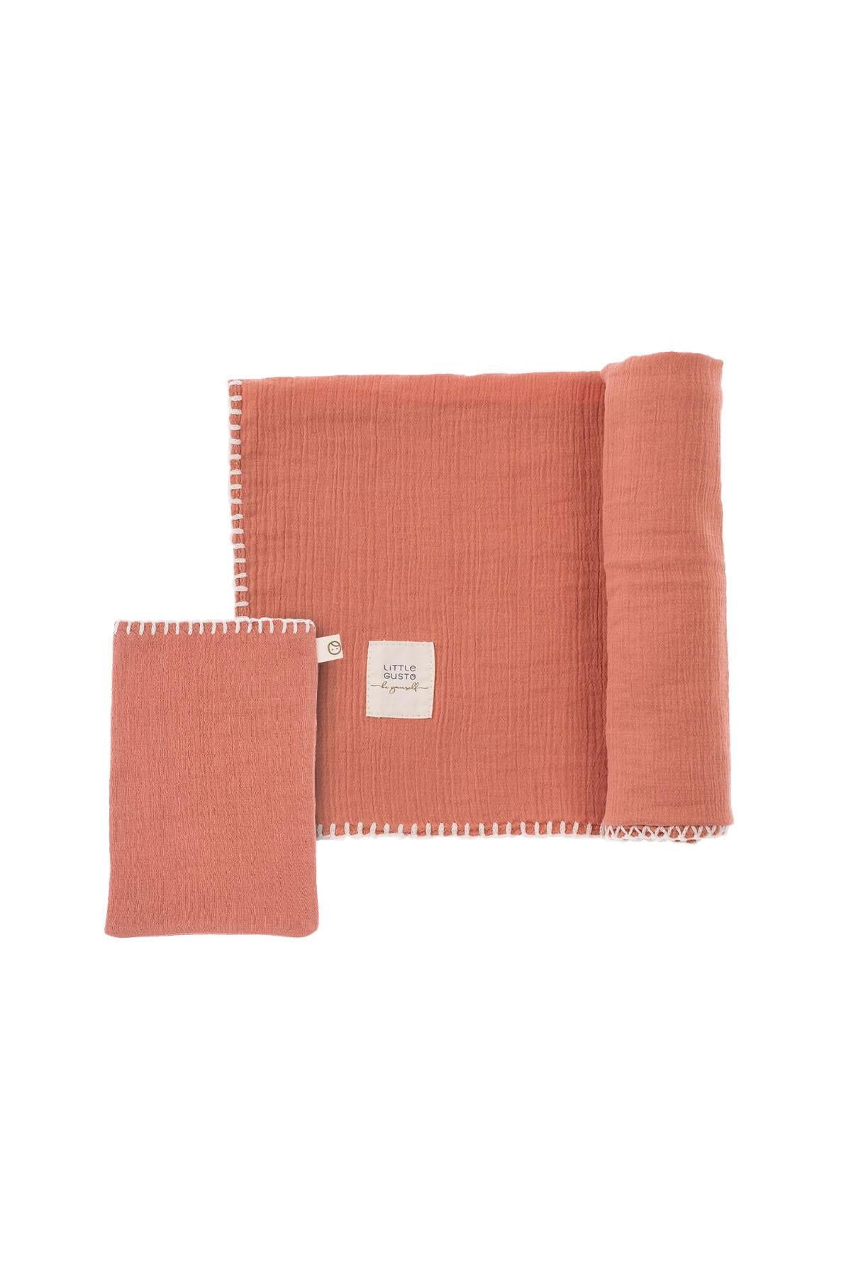 Bebek Müslin Bezi Örtü ve Kese Seti Organik Pamuk 120 cm Pembe - Little Gusto - 