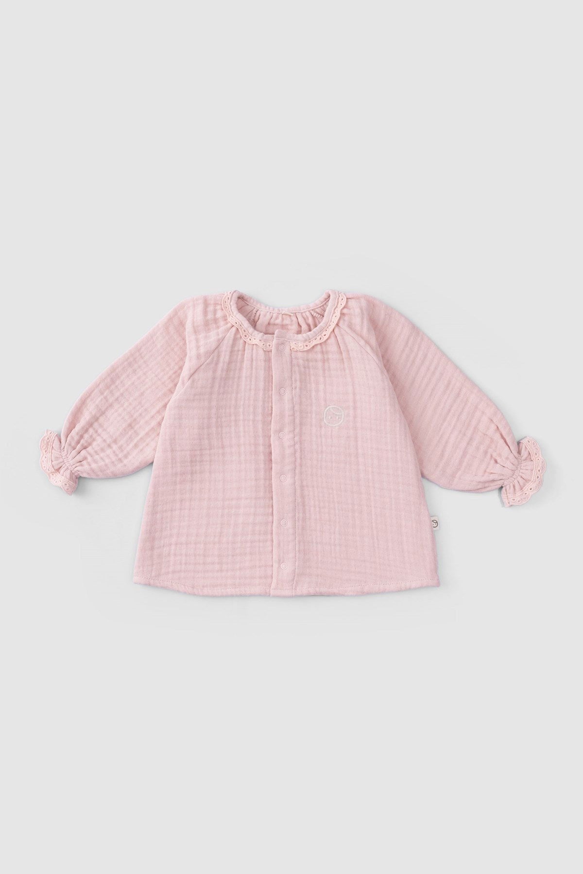 Brodeli Müslin Bebek Gömlek Organik Pamuk Pembe - Little Gusto - Bebek Gömlek