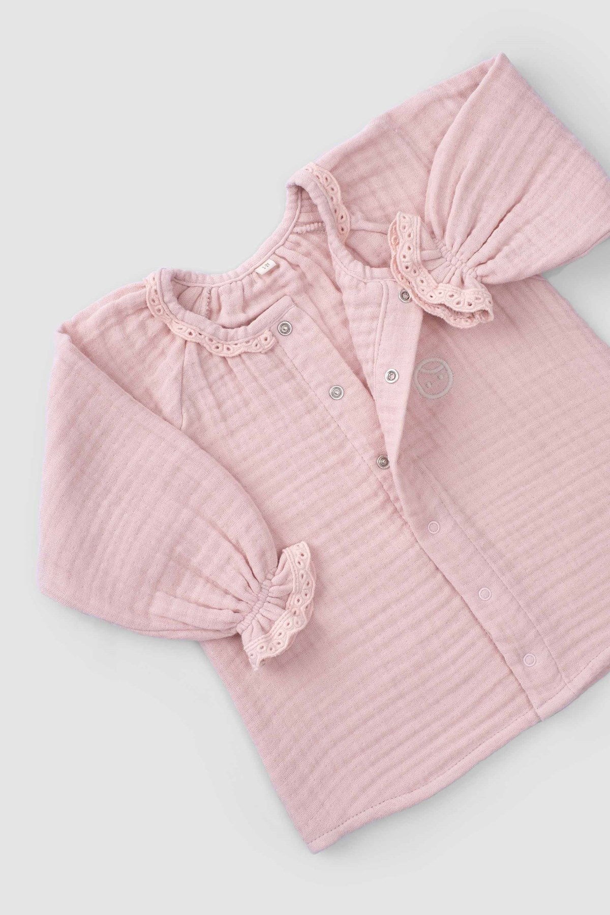 Brodeli Müslin Bebek Gömlek Organik Pamuk Pembe - Little Gusto - 