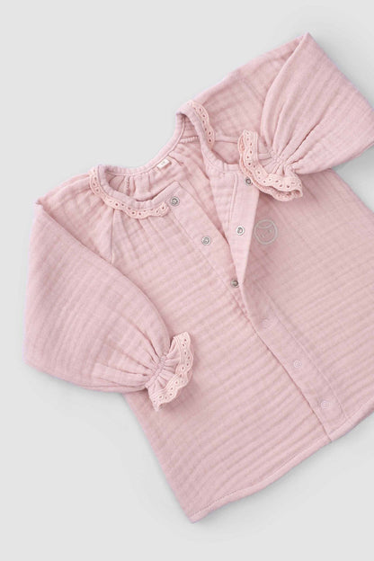 Brodeli Müslin Bebek Gömlek Organik Pamuk Pembe - Little Gusto - 
