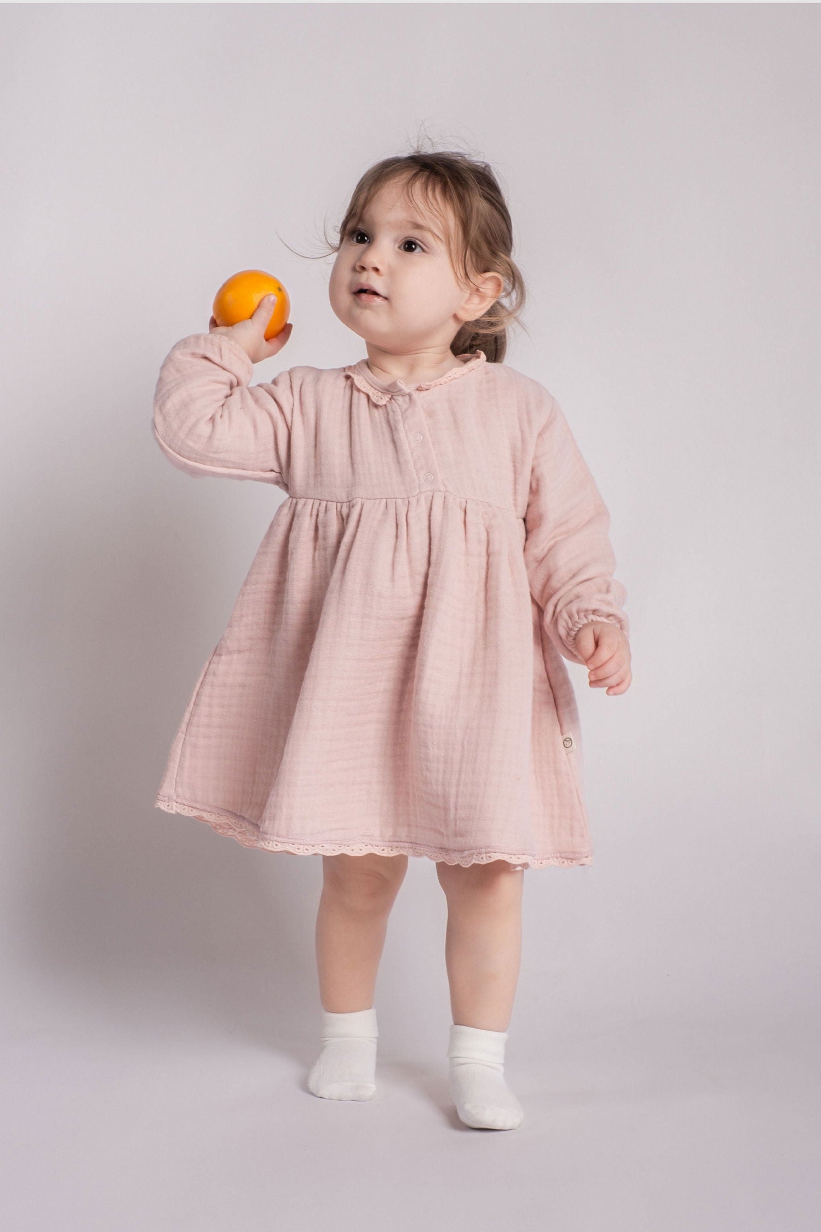 Brodeli Organik Pamuk Müslin Büzgülü Bebek Elbisesi Pembe - Little Gusto - Bebek Elbise