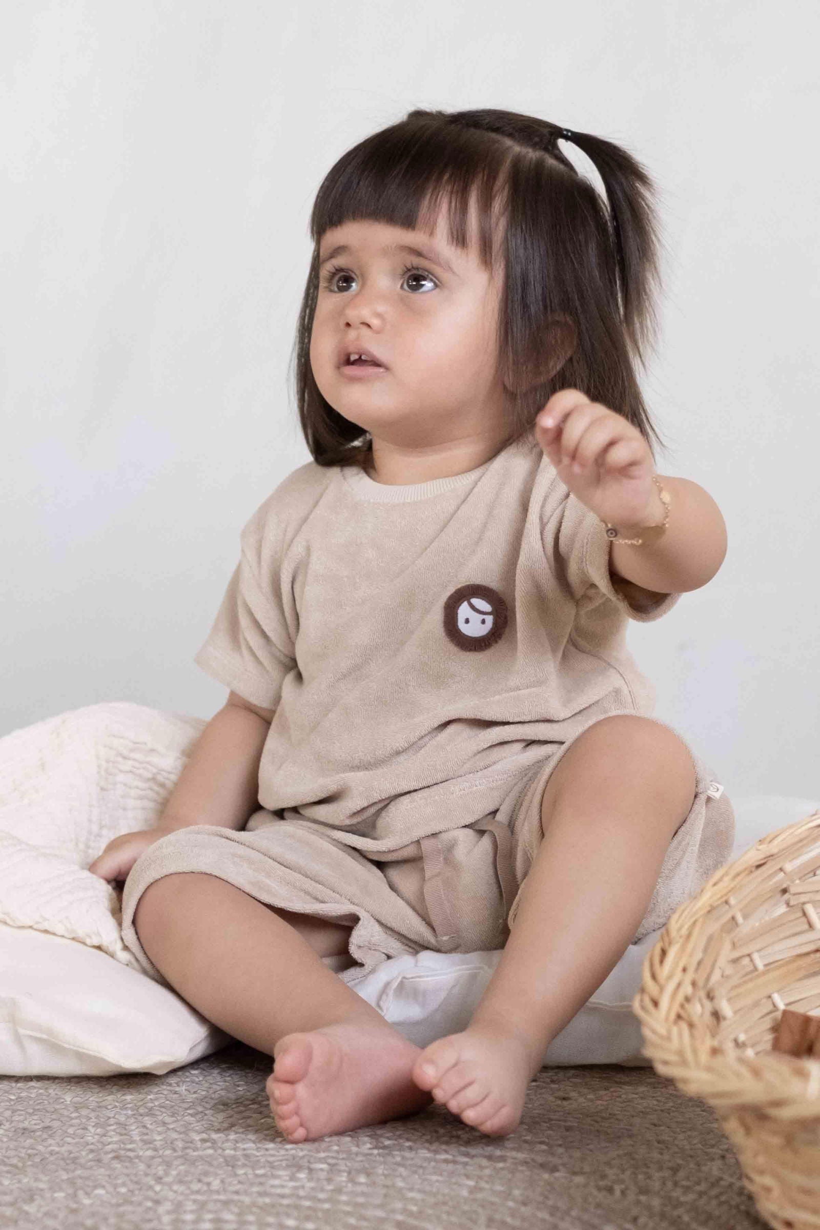 Havlu Kısa Kollu Şort Bej Bebek Takımı - Little Gusto - Bebek Takımları